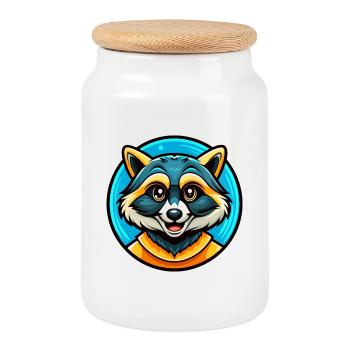 Raccoon Colorful Kawaii Cartoon Character Clipart - Cookie Jar with Wooden Lid - white - Front