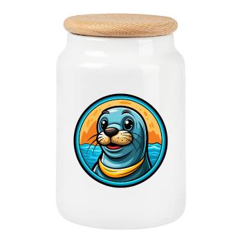phoque coloré Kawaii dessin animé personnage Clipart Animal de compagnie - Boîte à biscuits avec couvercle en bois - blanc - Devant