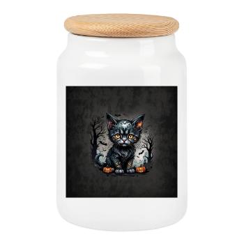 Halloween night with kittens and pumpkins. - Cookie Jar with Wooden Lid - white - Front