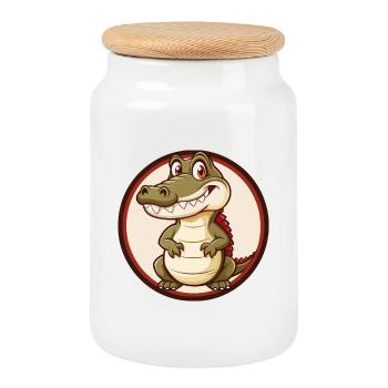 Crocodile Coloré Kawaii Dessin Animé Personnage Animal de compagnie - Boîte à biscuits avec couvercle en bois - blanc - Devant