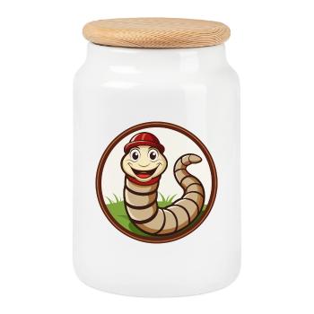 Ver de terre coloré Kawaii personnage de dessin animé Animal de compagnie - Boîte à biscuits avec couvercle en bois - blanc - Devant