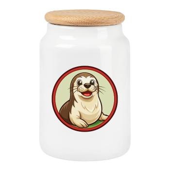 phoque coloré Kawaii dessin animé personnage Clipart Animal de compagnie - Boîte à biscuits avec couvercle en bois - blanc - Devant