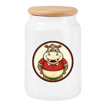 hippopotame coloré kawaii personnage de dessin animé clipart - Boîte à biscuits avec couvercle en bois - blanc - Devant