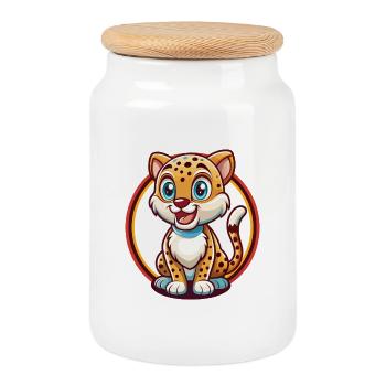 Cheetah Funny Kawaii Cartoon Clipart Animal Pet - Cookie Jar with Wooden Lid - white - Front