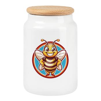 Abeille Mignon Drôle Kawaii Dessin animé Clipart Animal Animal de compagnie - Boîte à biscuits avec couvercle en bois - blanc - Devant