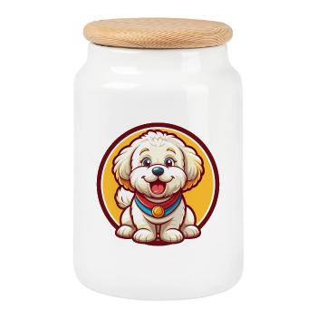 Bichon frisé chien drôle Kawaii dessin animé animal de compagnie - Boîte à biscuits avec couvercle en bois - blanc - Devant