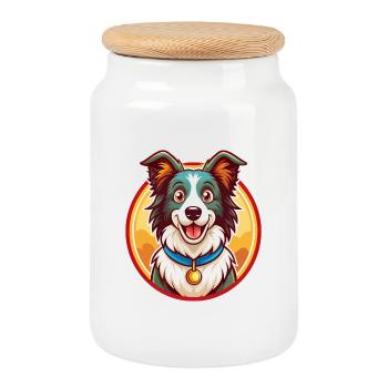 Border Collie Chien Drôle Kawaii Dessin animé Animal Animal de compagnie - Boîte à biscuits avec couvercle en bois - blanc - Devant