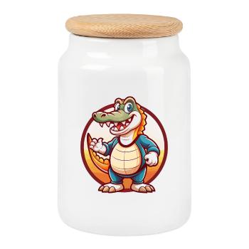 Crocodile Drôle Kawaii Dessin animé Clipart Animal de compagnie - Boîte à biscuits avec couvercle en bois - blanc - Devant