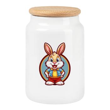 Lapin mignon drôle Kawaii dessin animé Clipart animal de compagnie - Boîte à biscuits avec couvercle en bois - blanc - Devant