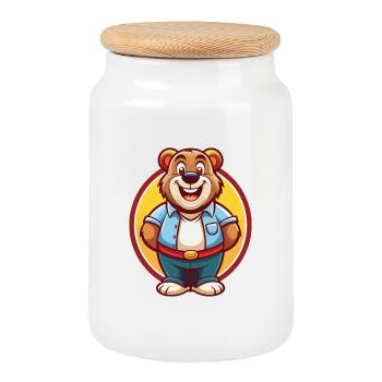Bear Cute Funny Kawaii Cartoon Clipart Animal Pet - Cookie Jar with Wooden Lid - white - Front