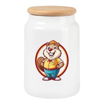 Biber Lustig Kawaii Cartoon Clipart Tier Haustier - Keksdose mit Holzdeckel - Weiß - Vorne