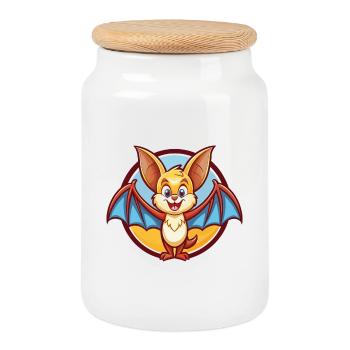 Bat Cute Funny Kawaii Cartoon Clipart Animal Pet - Cookie Jar with Wooden Lid - white - Front