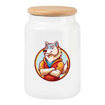Loup Arctique Drôle Kawaii Dessin Animé Clipart Animal - Boîte à biscuits avec couvercle en bois - blanc - Devant