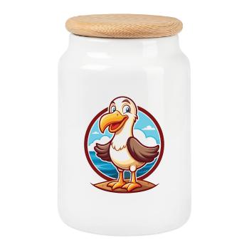 Albatross Funny Kawaii Cartoon Clipart Animal Pet - Cookie Jar with Wooden Lid - white - Front