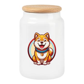 Akita Dog Funny Kawaii Cartoon Clipart Animal Pet - Cookie Jar with Wooden Lid - white - Front