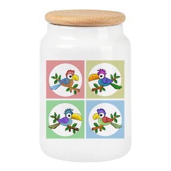 Colorful parrots in color animation - Cookie Jar with Wooden Lid - white - Front