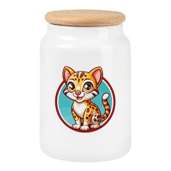 Ocelot drôle Kawaii dessin animé Clipart Animal de compagnie - Boîte à biscuits avec couvercle en bois - blanc - Devant