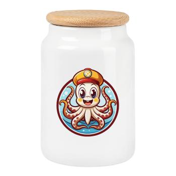 pieuvre drôle kawaii dessin animé clipart animal de compagnie - Boîte à biscuits avec couvercle en bois - blanc - Devant