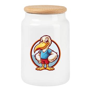 Pelican Funny Kawaii Cartoon Clipart Animal Pet - Cookie Jar with Wooden Lid - white - Front