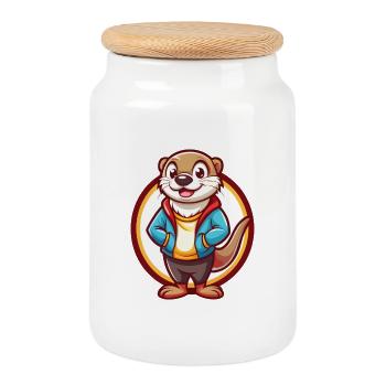 loutre mignon drôle kawaii dessin animé clipart animal de compagnie - Boîte à biscuits avec couvercle en bois - blanc - Devant