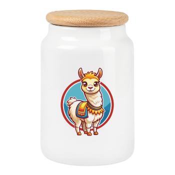 Llama Cute Funny Kawaii Cartoon Clipart Animal Pet - Cookie Jar with Wooden Lid - white - Front