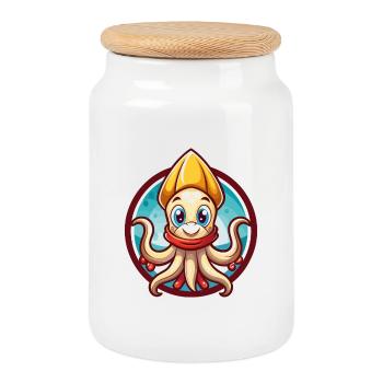 Tintenfisch Niedlich Lustig Kawaii Cartoon Clipart Tier Haustier - Keksdose mit Holzdeckel - Weiß - Vorne