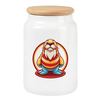 Walross Lustige Kawaii Cartoon Clipart Tier Haustier - Keksdose mit Holzdeckel - Weiß - Vorne