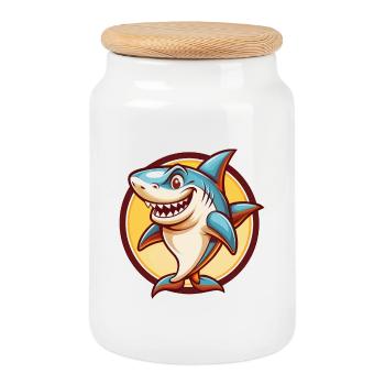 requin mignon drôle kawaii dessin animé clipart animal de compagnie - Boîte à biscuits avec couvercle en bois - blanc - Devant