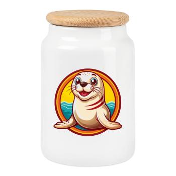 Robbe Niedlich Lustig Kawaii Cartoon Clipart Tier Haustier - Keksdose mit Holzdeckel - Weiß - Vorne