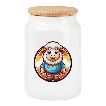 Sheep Cute Funny Kawaii Cartoon Clipart Animal Pet - Cookie Jar with Wooden Lid - white - Front