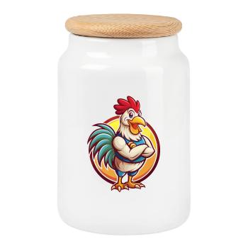 Rooster Funny Kawaii Cartoon Clipart Animal Pet - Cookie Jar with Wooden Lid - white - Front
