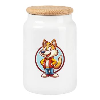 Wolf Niedlich Lustig Kawaii Cartoon Clipart Tier Haustier - Keksdose mit Holzdeckel - Weiß - Vorne