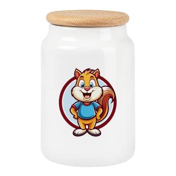 Squirrel Funny Kawaii Cartoon Clipart Animal Pet - Cookie Jar with Wooden Lid - white - Front
