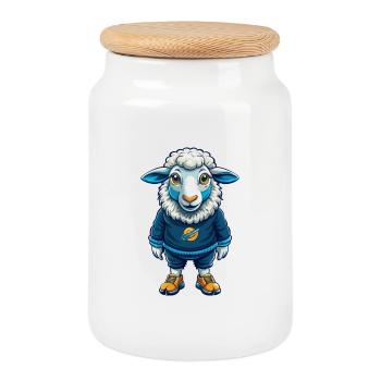 Schaf Cool Kawaii Cartoon Charakter Clipart - Keksdose mit Holzdeckel - Weiß - Vorne