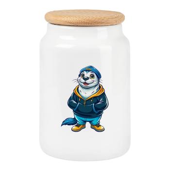 Seal Cool Kawaii Cartoon Character Clipart - Cookie Jar with Wooden Lid - white - Front