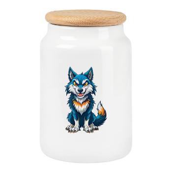 Wolf Cool Kawaii Cartoon Charakter Clipart - Keksdose mit Holzdeckel - Weiß - Vorne
