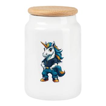 Licorne Cool Kawaii Dessin animé Personnage Clipart - Boîte à biscuits avec couvercle en bois - blanc - Devant