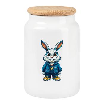Lapin Cool Kawaii Dessin animé Personnage Clipart - Boîte à biscuits avec couvercle en bois - blanc - Devant