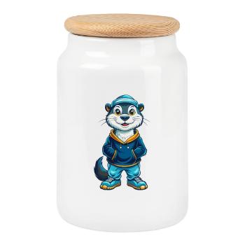 Otter Cool Kawaii Cartoon Character Clipart - Cookie Jar with Wooden Lid - white - Front