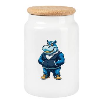 hippopotame cool kawaii personnage de dessin animé clipart - Boîte à biscuits avec couvercle en bois - blanc - Devant
