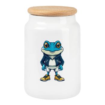 Frosch Cool Kawaii Cartoon Figur Clipart - Keksdose mit Holzdeckel - Weiß - Vorne