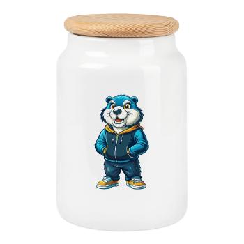 Biber Cool Kawaii Cartoon Charakter Clipart - Keksdose mit Holzdeckel - Weiß - Vorne