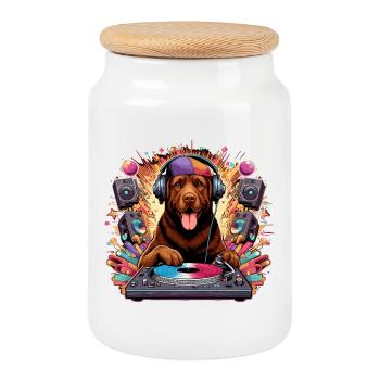Brauner Labrador DJ Musik auflegen Geschenk - Keksdose mit Holzdeckel - Weiß - Vorne