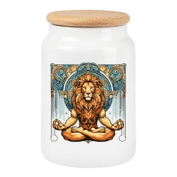 Lion Meditation Meditate Gift - Cookie Jar with Wooden Lid - white - Front