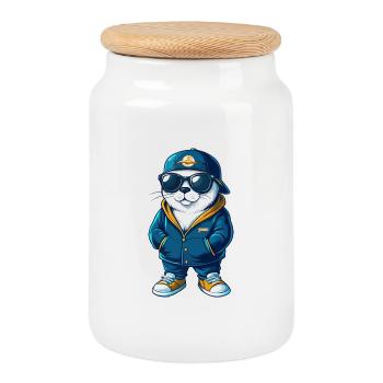 Seal Cool Cartoon Character Kawaii Clipart - Cookie Jar with Wooden Lid - white - Front