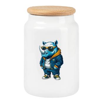 Rhino Cool Cartoon Character Kawaii Clipart - Cookie Jar with Wooden Lid - white - Front