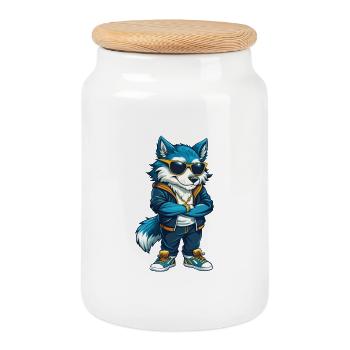 Wolf Cool Cartoon Figur Kawaii Clipart - Keksdose mit Holzdeckel - Weiß - Vorne