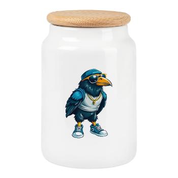 Raven Cool Cartoon Character Kawaii Clipart - Cookie Jar with Wooden Lid - white - Front