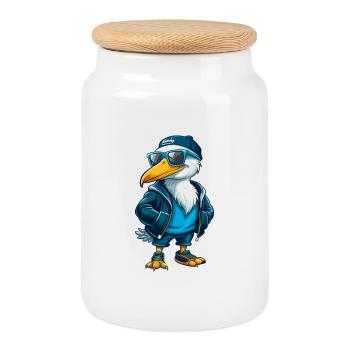 Pelican Cool Cartoon Character Kawaii Clipart - Cookie Jar with Wooden Lid - white - Front