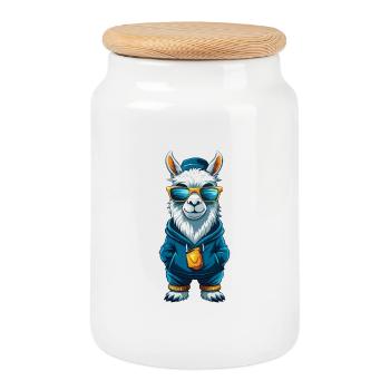 Llama Cool Cartoon Character Kawaii Clipart - Cookie Jar with Wooden Lid - white - Front
